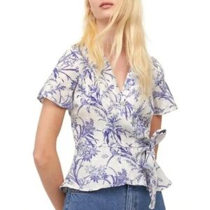 H & M Linen Wrap Blouse Floral Peplum